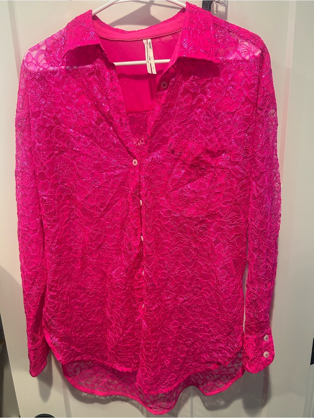 Anthropologie Hot Pink Lace Button-Up Blouse